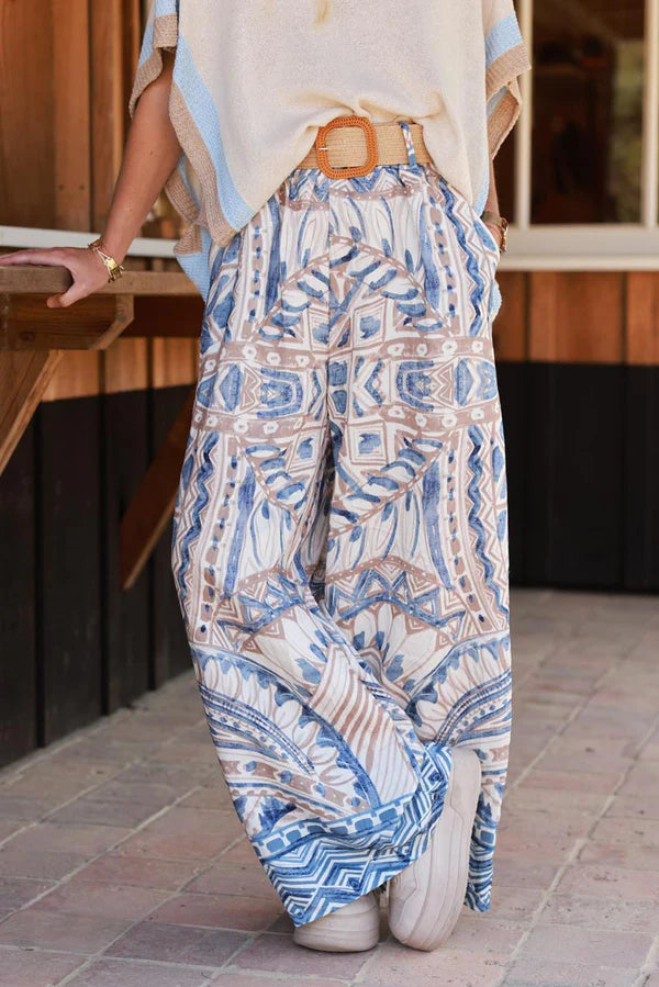 Blue Tiki Print Viscose Pull-On Pants + Belt included