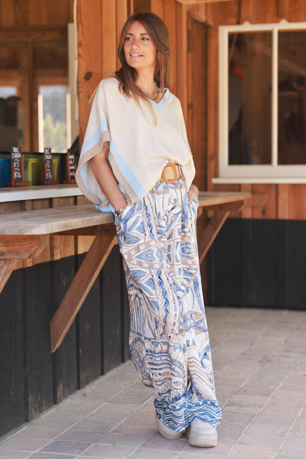 Blue Tiki Print Viscose Pull-On Pants + Belt included
