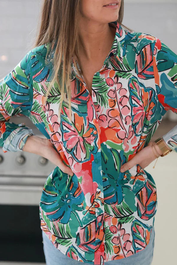 Blue Tropical Foliage Cotton Poplin Button-Down Shirt