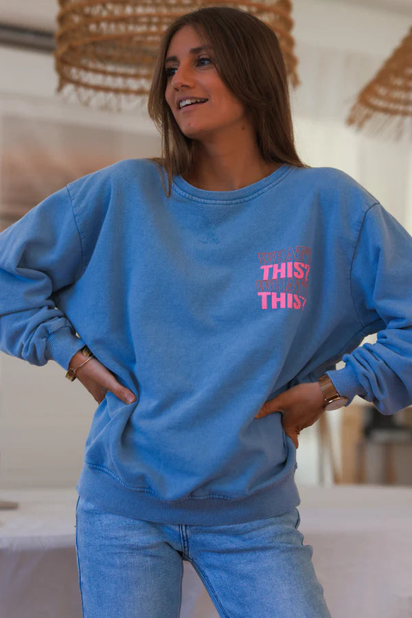 Blue “What’s This?” Scoop Neck Sweater