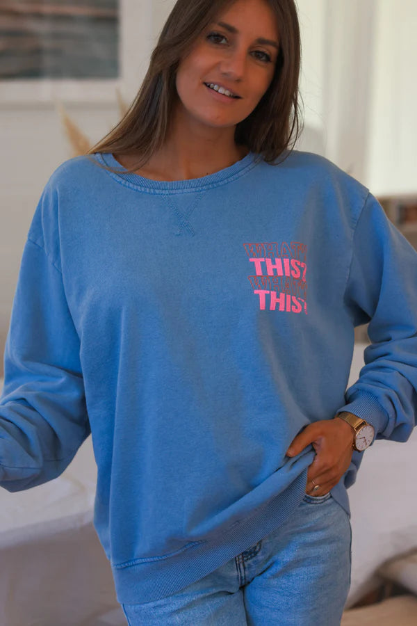 Blue “What’s This?” Scoop Neck Sweater