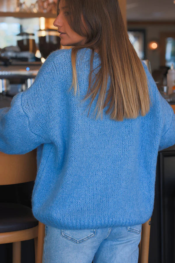 Blue Wool Blend Bubble Sleeve Sweater