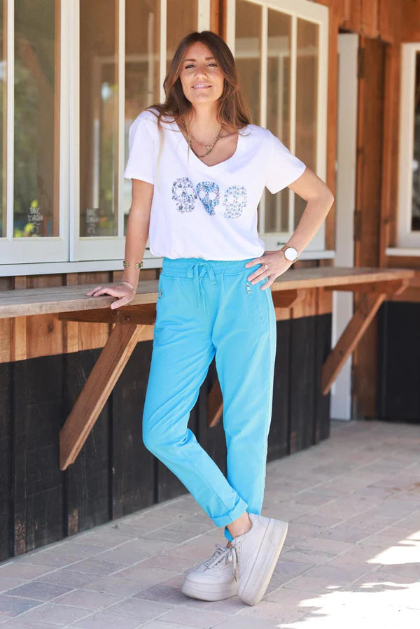 Blue Zip-Pocket Chevron Trim Casual Cotton Joggers