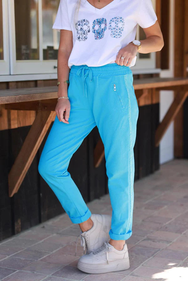 Blue Zip-Pocket Chevron Trim Casual Cotton Joggers