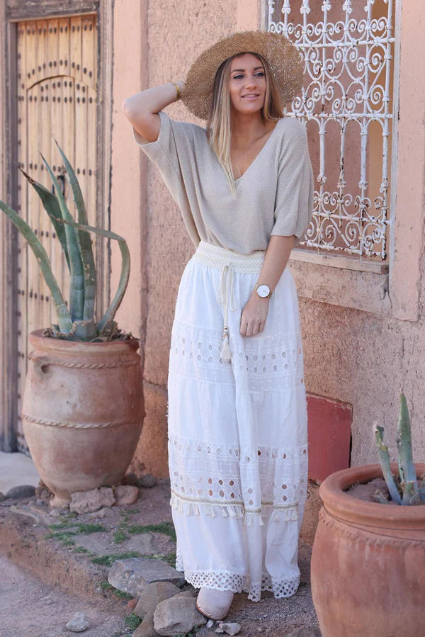 Bohemian off-white maxi skirt with broderie anglaise and tassels