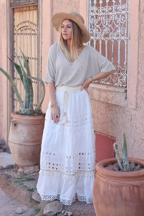 Bohemian off-white maxi skirt with broderie anglaise and tassels