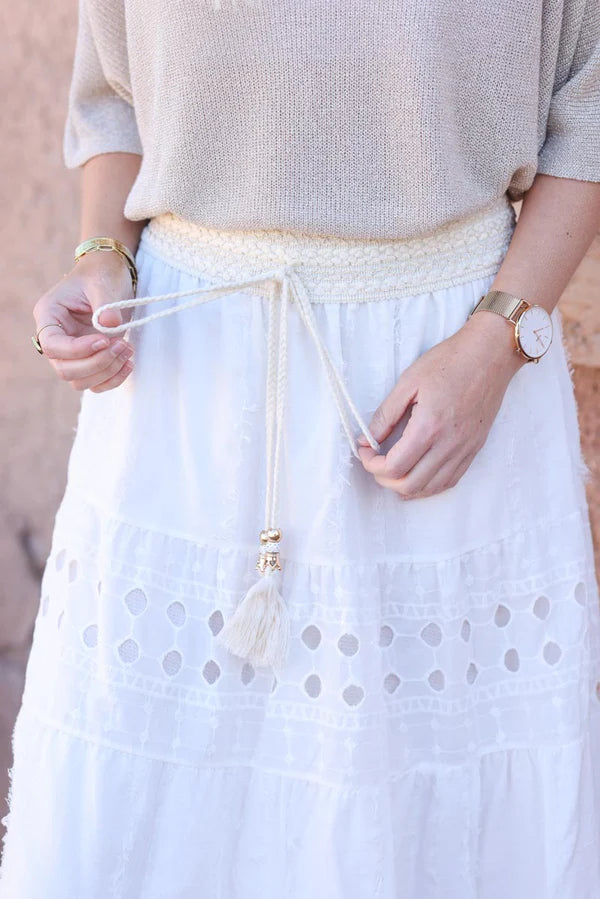 Bohemian off-white maxi skirt with broderie anglaise and tassels