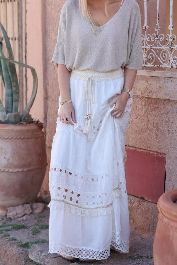 Bohemian off-white maxi skirt with broderie anglaise and tassels