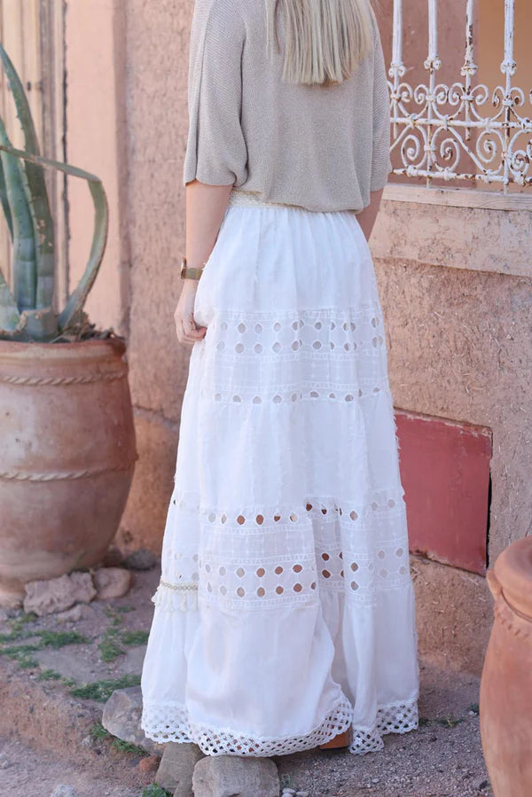 Bohemian off-white maxi skirt with broderie anglaise and tassels