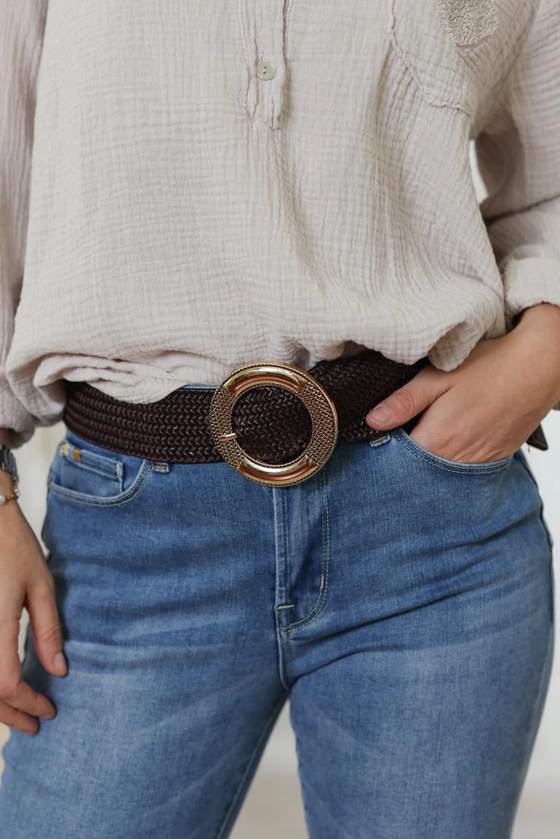 Brown elastic belt with gold buckle