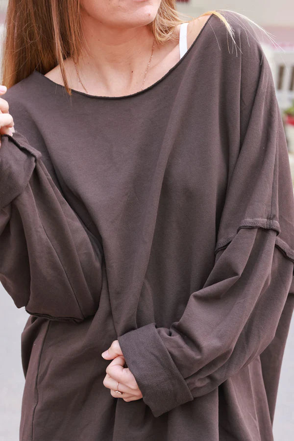 Brown Exposed Seam Long-Sleeve Tee