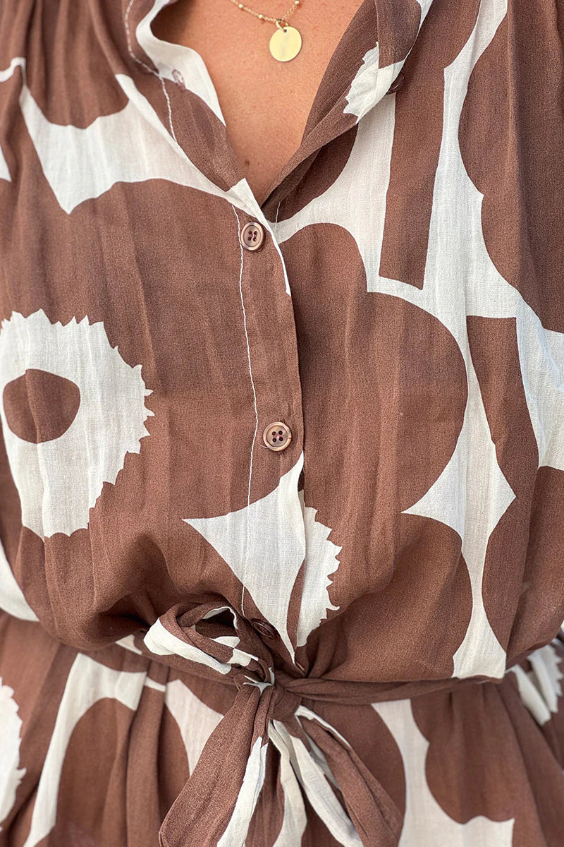 Brown Floral Sleeveless Belted Cream Dress