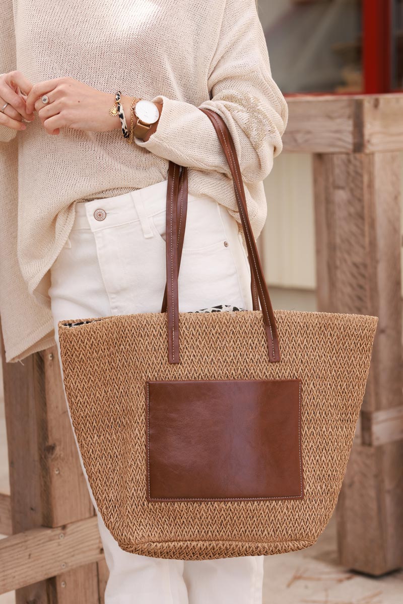 Brown Jute Woven Tote with Leopard Lining