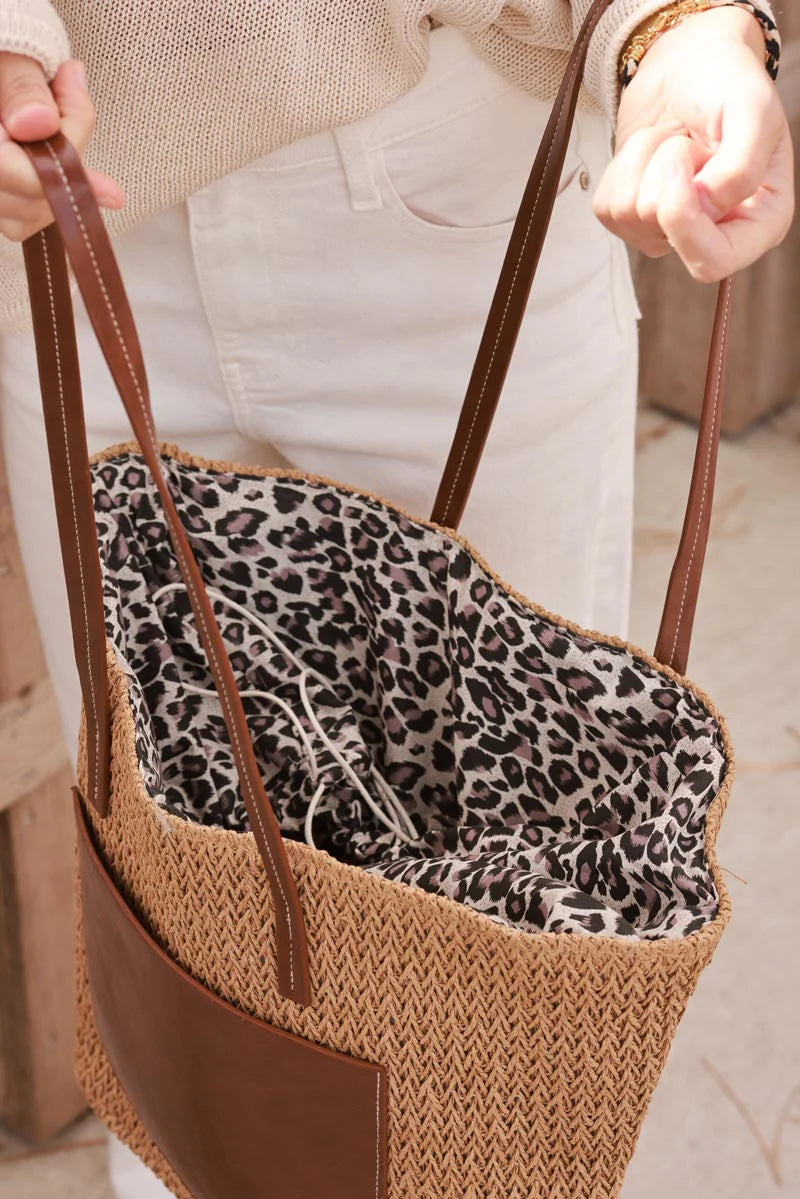 Brown Jute Woven Tote with Leopard Lining
