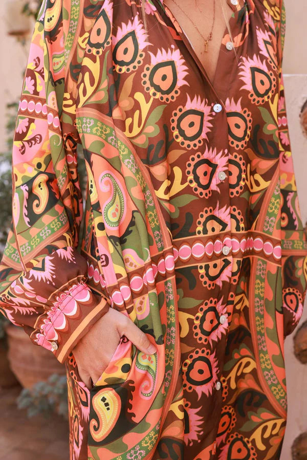 Brown Rust Peacock Feather Tribal Button-Down Maxi Dress