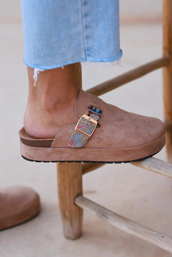 Light Brown Sueded Mules with Tribal Woven Strap