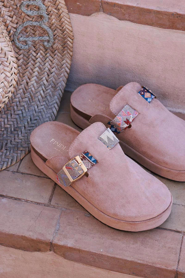 Light Brown Sueded Mules with Tribal Woven Strap