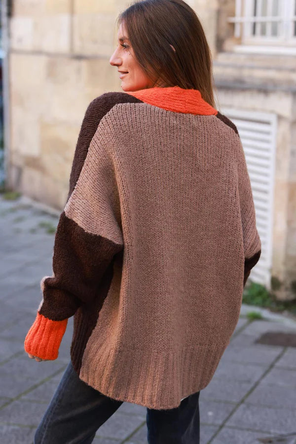 Brown Sweater Knit Cardigan with Orange Trim