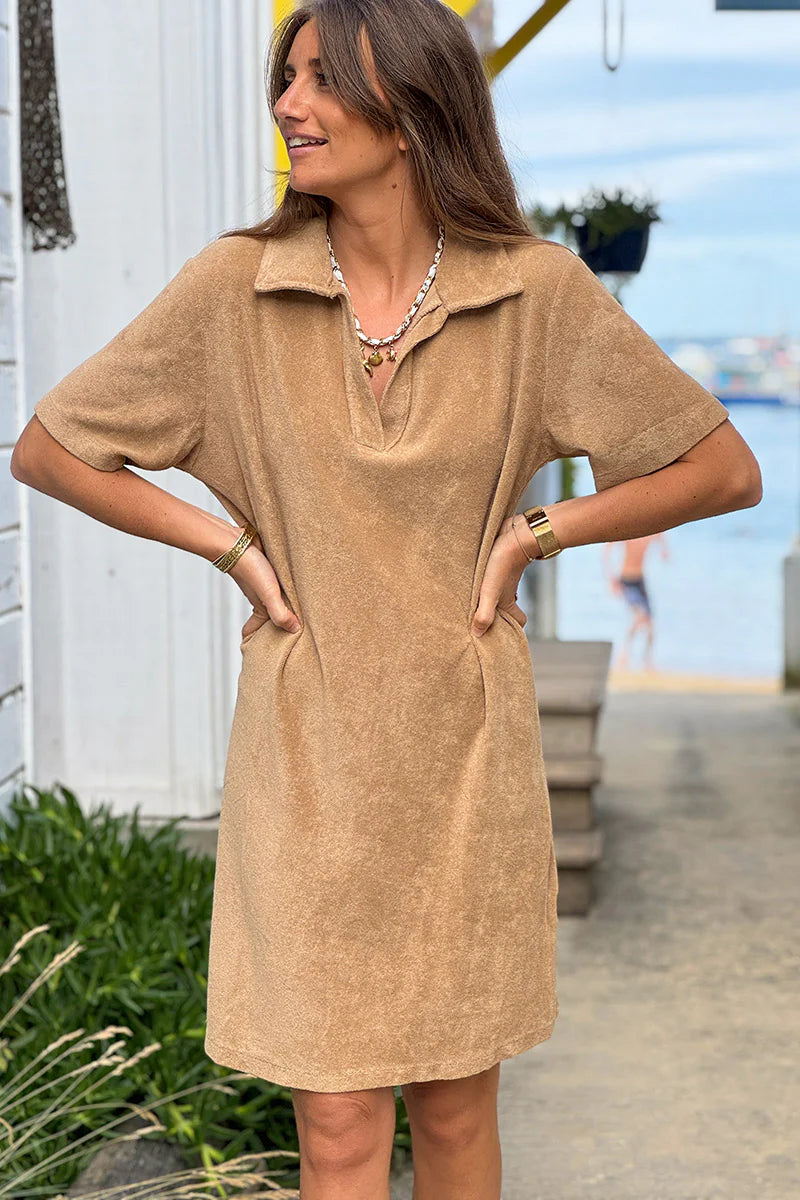 Cafe Terry Cloth Collared V-Neck Dress