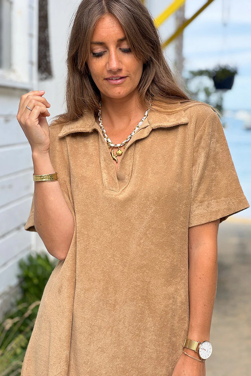 Cafe Terry Cloth Collared V-Neck Dress