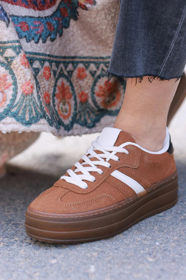 Camel and Beige Sueded Striped Sport Sneakers