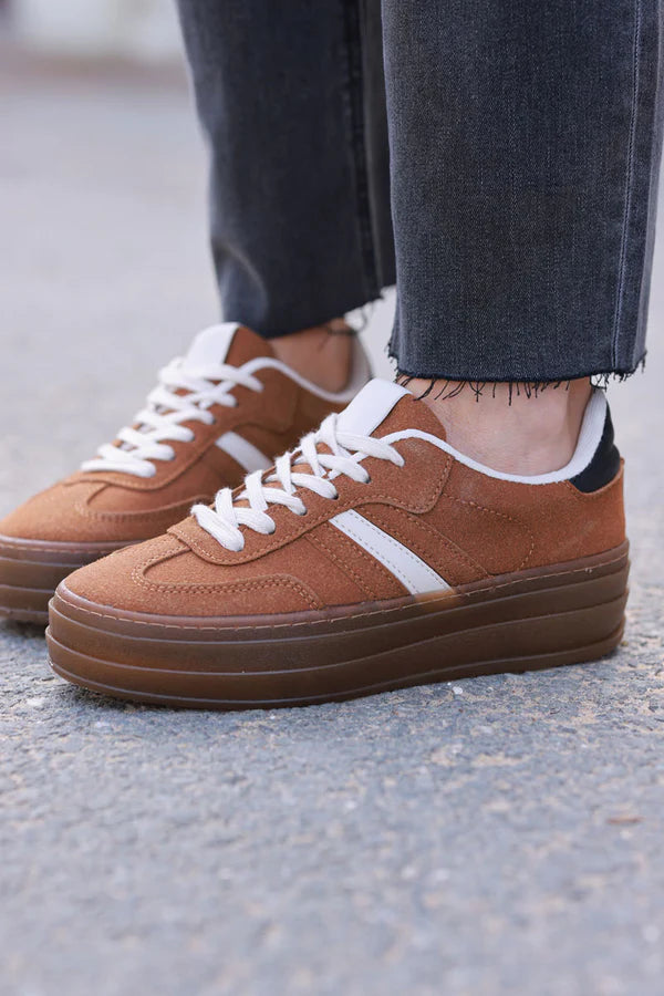 Camel and Beige Sueded Striped Sport Sneakers