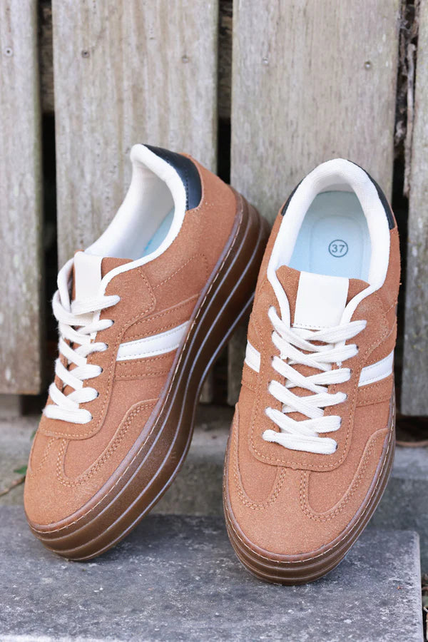 Camel and Beige Sueded Striped Sport Sneakers