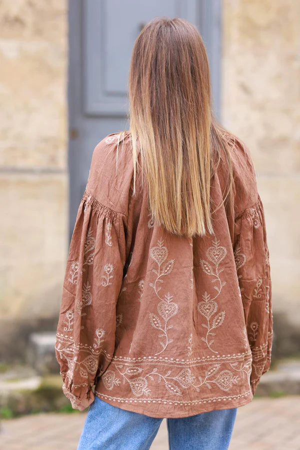 Camel Boho Embroidered Floral Scroll Peasant Blouse