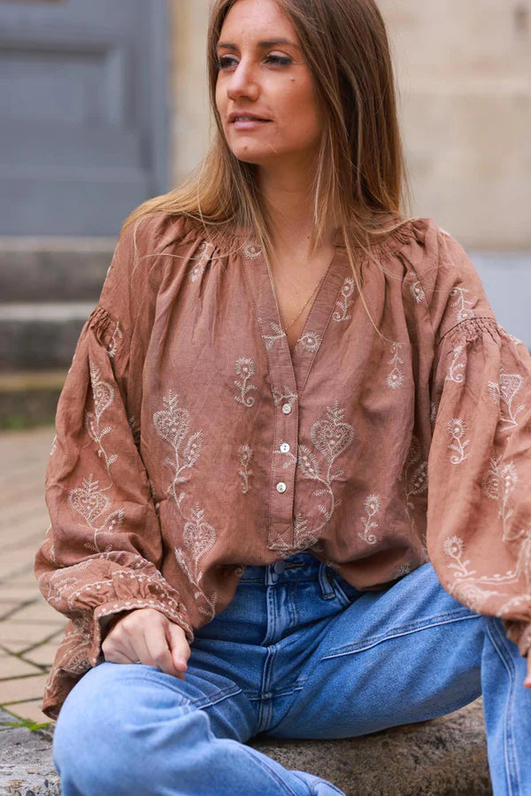 Camel Boho Embroidered Floral Scroll Peasant Blouse