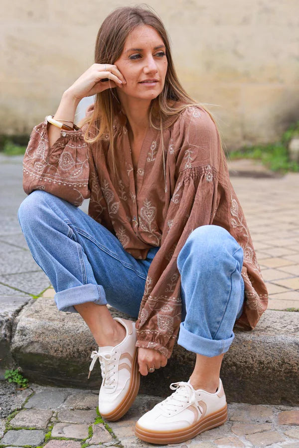 Camel Boho Embroidered Floral Scroll Peasant Blouse