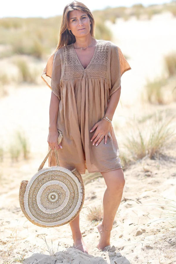 Camel floaty cotton dress with lace detail