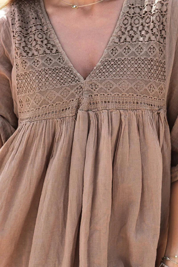 Camel floaty cotton dress with lace detail