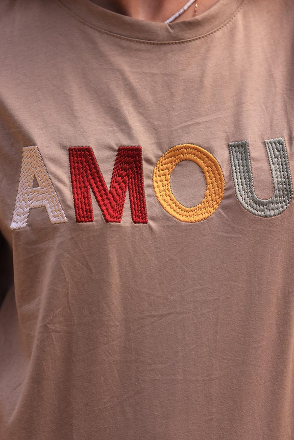 Camel Cotton T-shirt with Colorful 'Amour' Embroidery