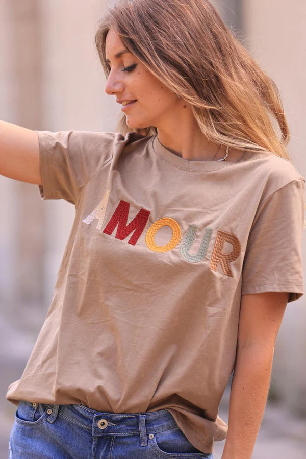 Camel Cotton T-shirt with Colorful 'Amour' Embroidery