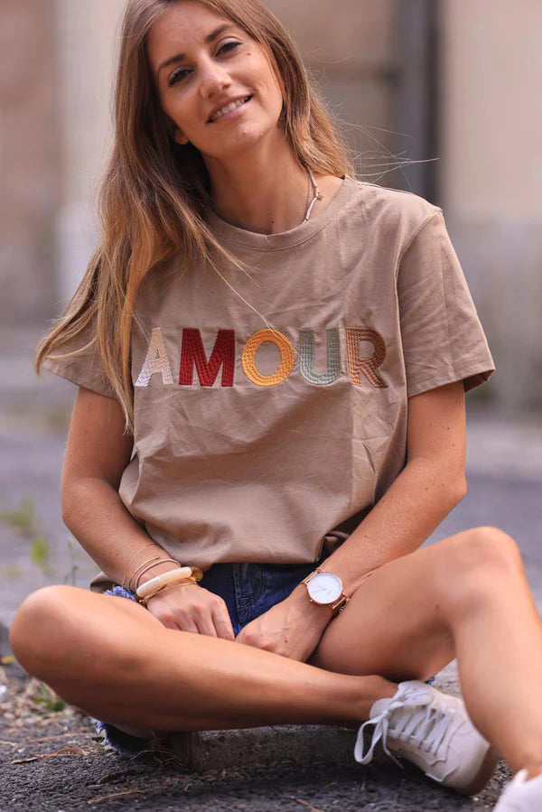 Camel Cotton T-shirt with Colorful 'Amour' Embroidery