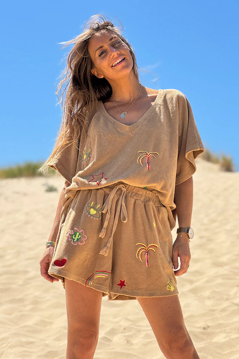 Camel Embroidered Terry Pull-On Shorts