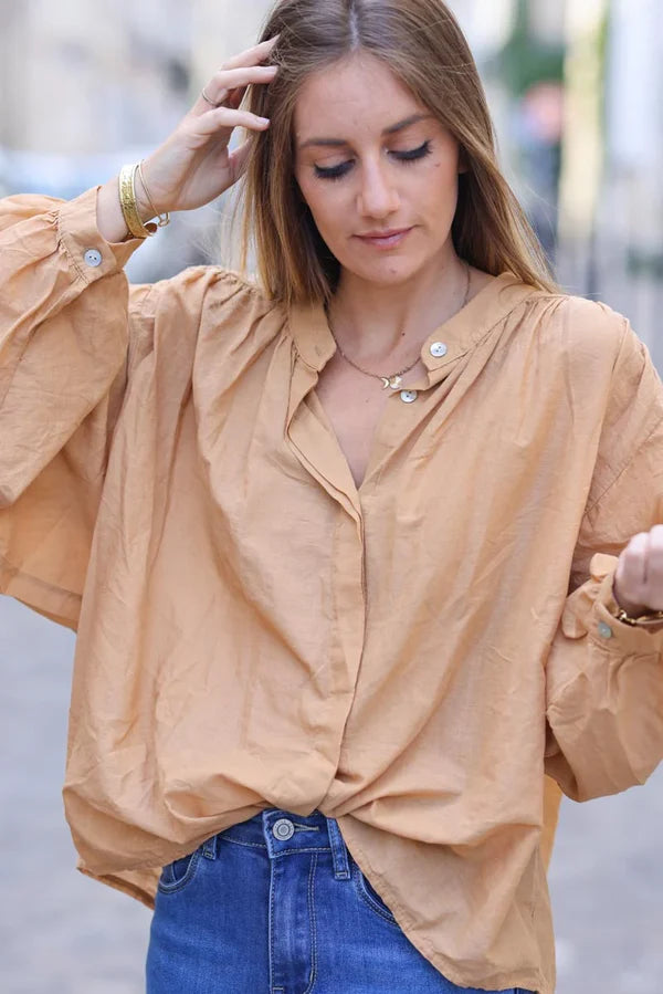 Camel floaty cotton shirt with batwing sleeves