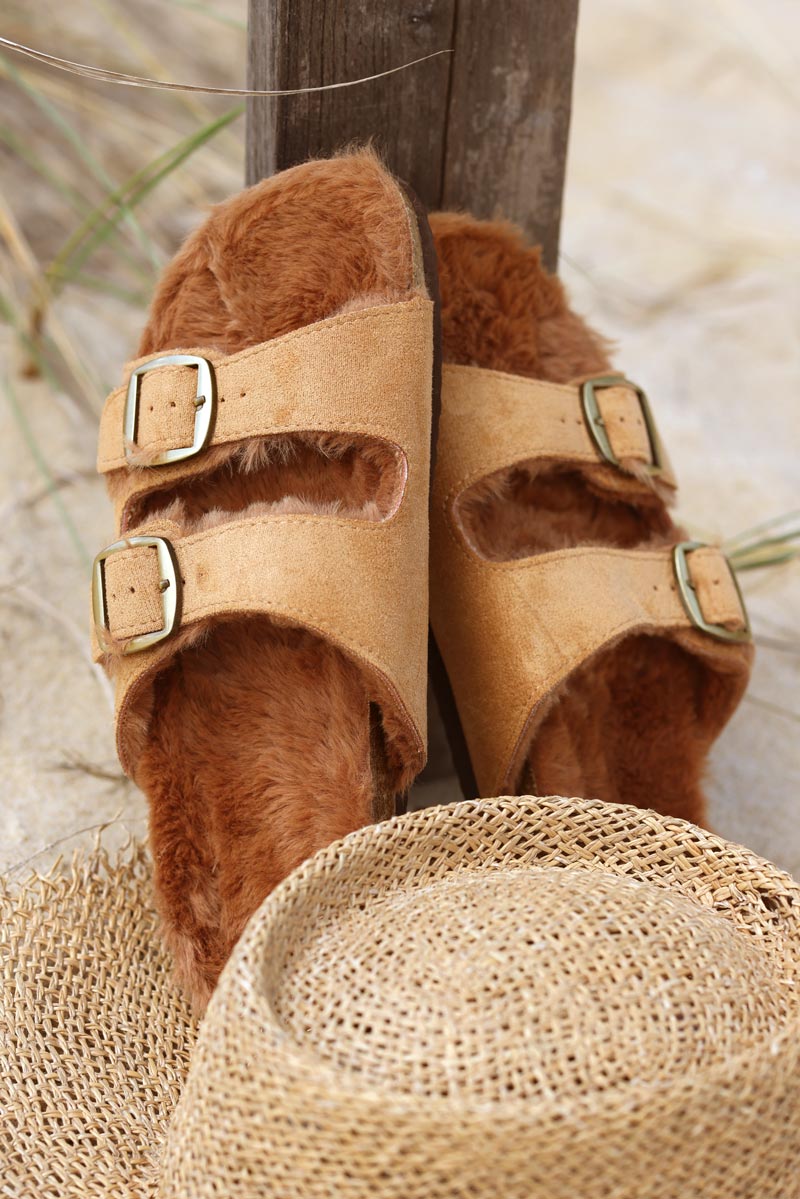 Camel moulded sandals with faux fur sole