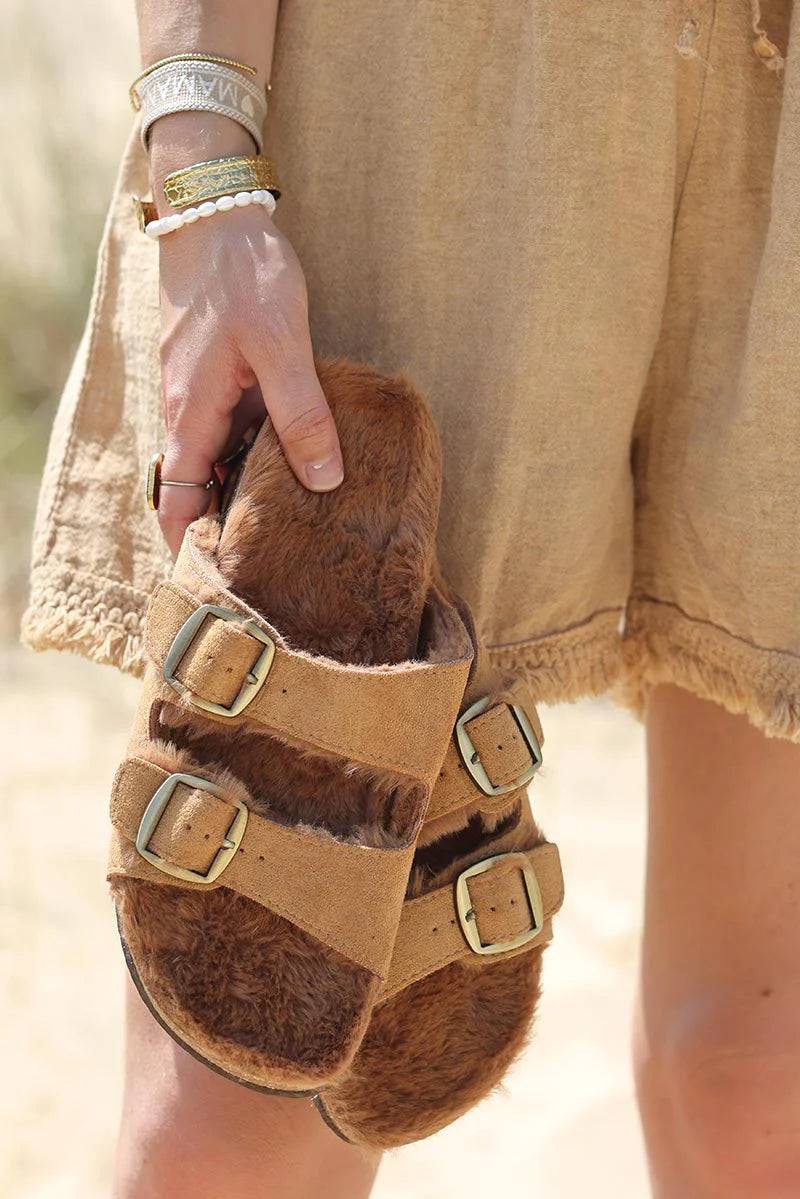 Camel moulded sandals with faux fur sole