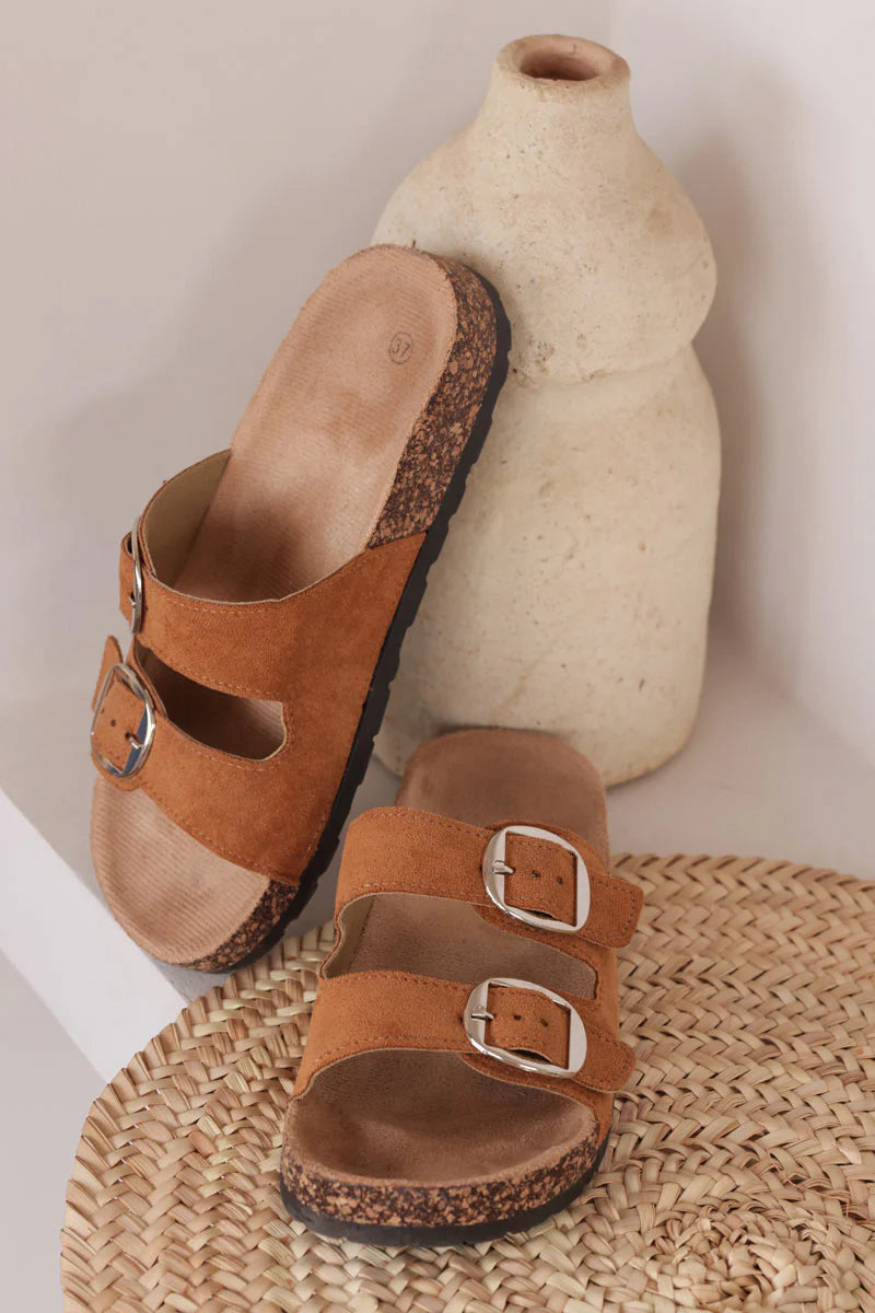 Camel mule sandals with double suedette straps and rounded buckles