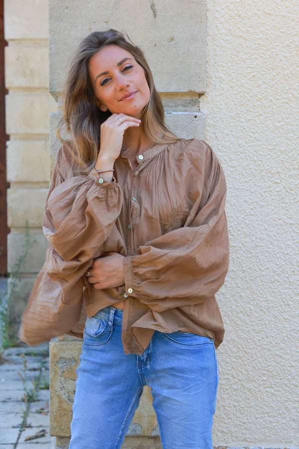 Camel oversized lightweight cotton blouse with palm tree embroidery