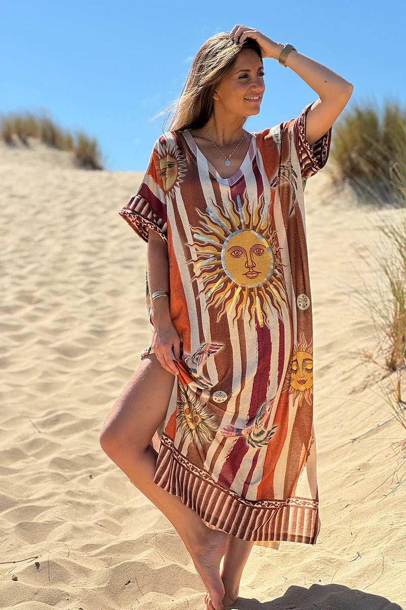 Camel Striped Suns Glitter Knit Caftan