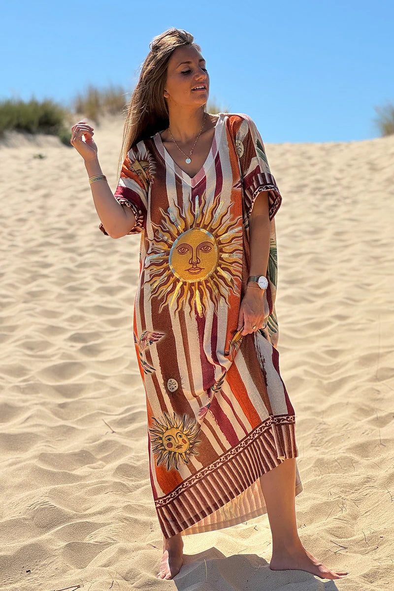 Camel Striped Suns Glitter Knit Caftan