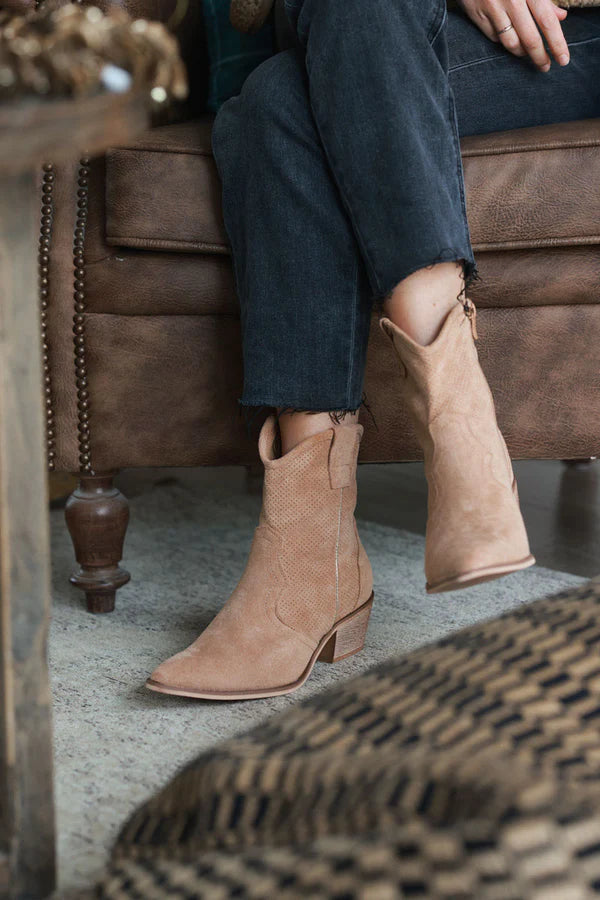 Camel Sueded Cowboy Ankle Boots