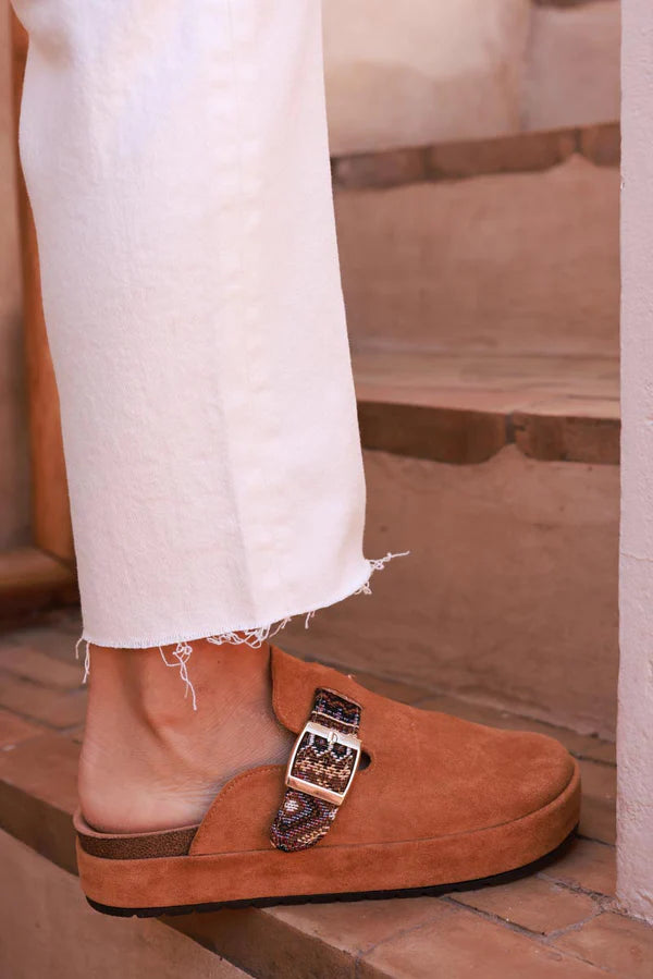 Camel Sueded Mules with Tribal Woven Strap