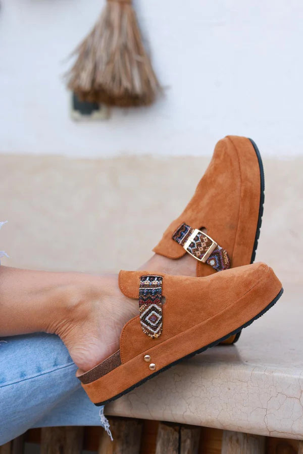 Camel Sueded Mules with Tribal Woven Strap