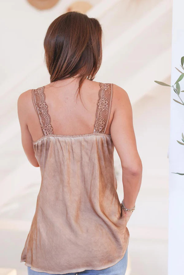 Camel v-neck camisole with lace strap