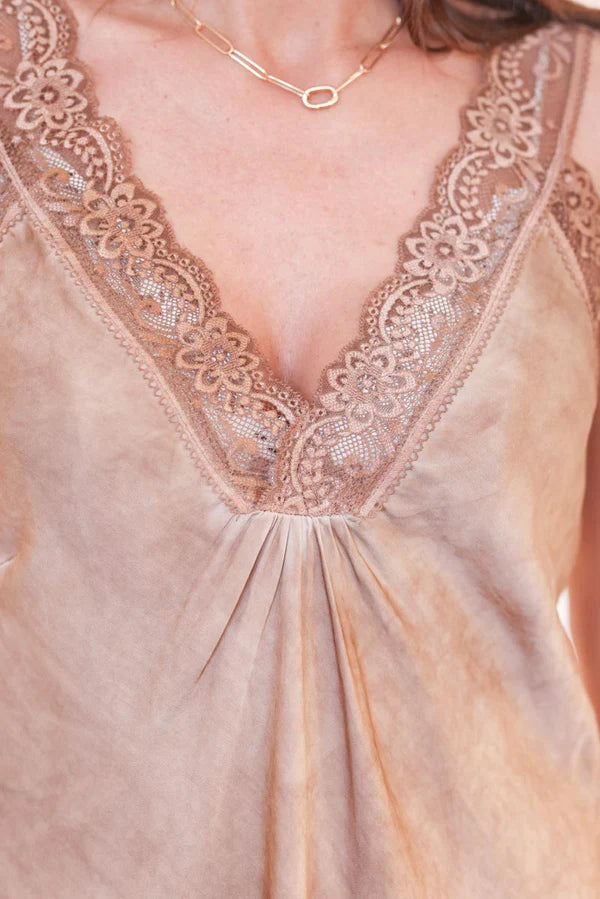 Camel v-neck camisole with lace strap