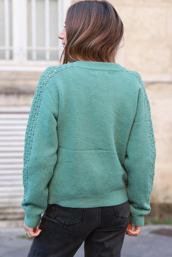 Celadon Green Crochet Sleeve Zip-Front Cardigan