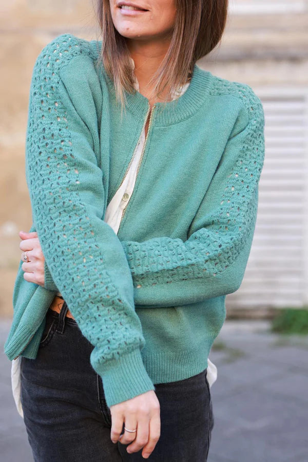 Celadon Green Crochet Sleeve Zip-Front Cardigan